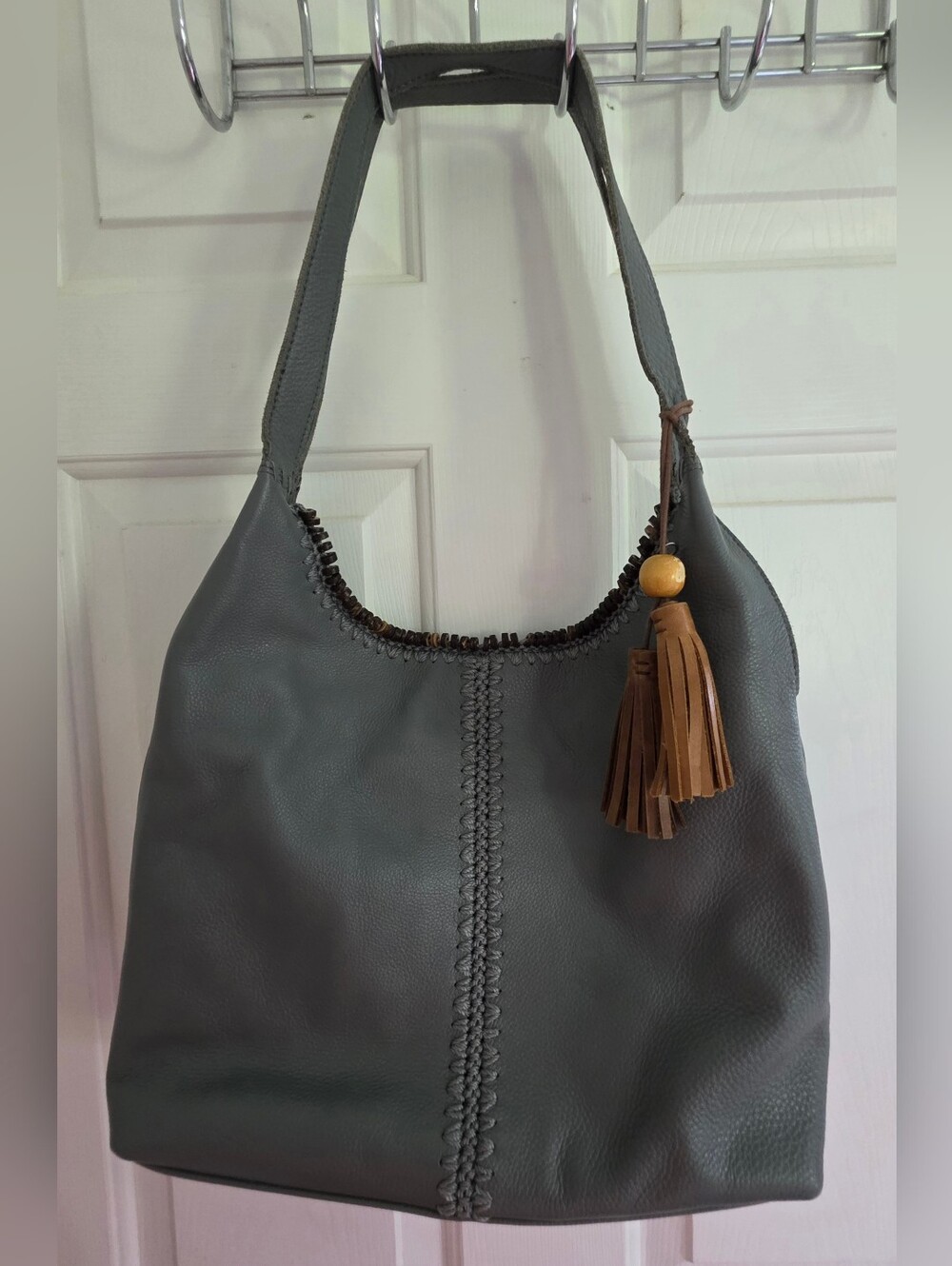 The Sak Gray Leather Huntley Hobo Bag with Brown Tassel
